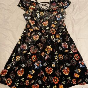Forever 21 Velour Material Black Dress with Multicolor Floral Design